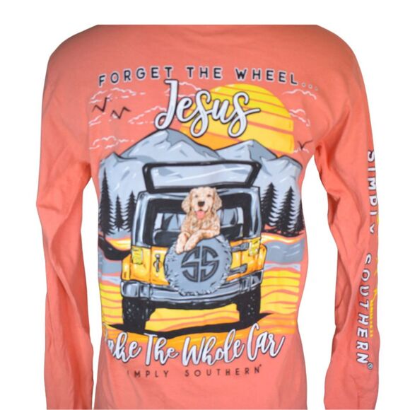 Simply Southern Long Sleeve Tee Coral Goldendoodle Mountains Jeep Jesus Small - Picture 2 of 7